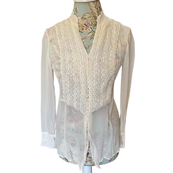 Vtg Willi Smith Cream Sheer 100% Silk Beaded Long Sleeve Blouse Sz M Victorian - Picture 1 of 9